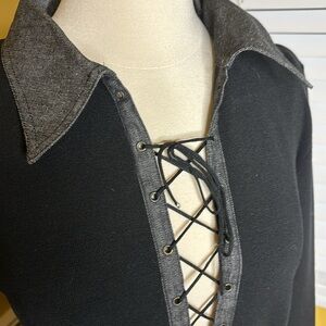 Private Label Lace Up Sweater with Grey Denim Collar/Cuffs NWT